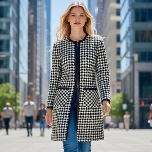 🌻VS2 By Vakko B&W Houndstooth Vegan Leather Trim Open Jacket Coat Size 4